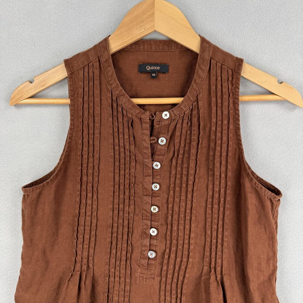 Quince Dress Womens XS Brown 100% Linen Sleeveless Henley Shift Pockets Mini - Picture 2 of 7